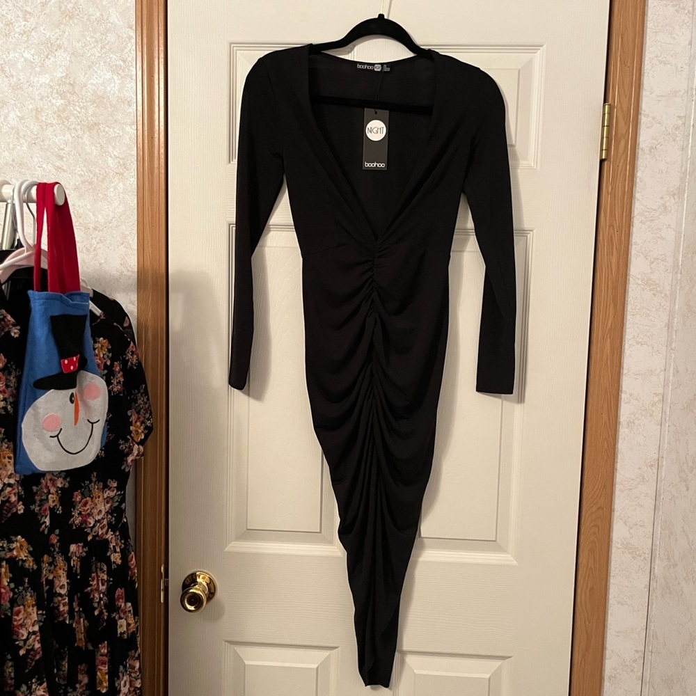 Deep v black midi dress